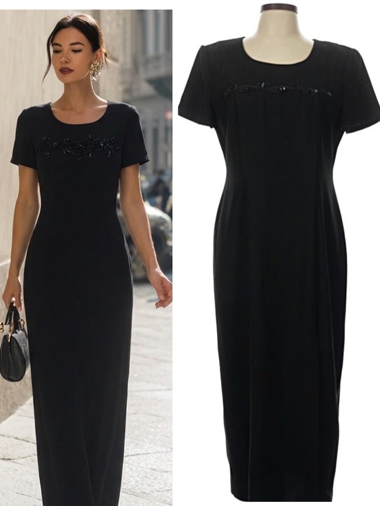 Vintage Dresses & Skirts - Vintage J Roberts Black Beaded Dress Formal Evening Cocktail 90s Maxi Size 14